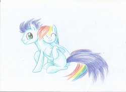 Size: 1024x745 | Tagged: safe, artist:madzik0107, rainbow dash, soarin', g4, cuddling, female, male, ship:soarindash, shipping, straight, traditional art