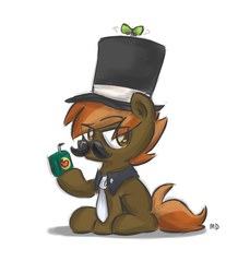 Size: 754x822 | Tagged: safe, artist:melodenesa, button mash, earth pony, pony, g4, blank flank, button stache, colt, foal, hat, hooves, juice box, male, moustache, propeller hat, simple background, sitting, solo, top hat, white background