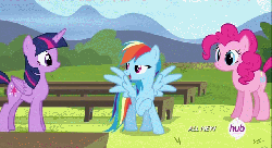 Size: 640x349 | Tagged: safe, screencap, pinkie pie, rainbow dash, twilight sparkle, alicorn, pony, g4, testing testing 1-2-3, animated, blinking, dancing, female, frown, hub logo, lidded eyes, loop, mare, open mouth, smiling, spread wings, talking, twilight sparkle (alicorn)