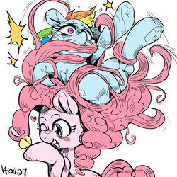 Size: 1000x1000 | Tagged: safe, artist:nekubi, pinkie pie, rainbow dash, pony, g4, armpits, blushing, female, mare, prehensile mane, scared, stuck, tangled up, tentacle mane, underhoof