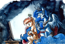 Size: 720x483 | Tagged: safe, artist:kenket, artist:spainfischer, button mash, princess luna, alicorn, pony, gamer luna, g4, colt, duo, female, foal, hat, headset, male, mare, propeller hat, traditional art, video game, watercolor painting