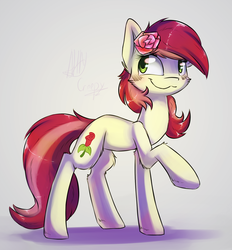 Size: 1528x1649 | Tagged: safe, artist:suplolnope, roseluck, earth pony, pony, g4, :3, blushing, commissioner:doom9454, female, flower, fluffy, raised hoof, smiling, solo