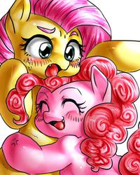 Size: 1000x1250 | Tagged: safe, artist:nekubi, fluttershy, pinkie pie, g4, cute, diapinkes, female, hug, lesbian, ship:flutterpie