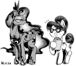 Size: 972x853 | Tagged: safe, artist:nekubi, princess luna, writing desk, alicorn, earth pony, pony, g4, duo, duo female, female, glasses, grayscale, mare, monochrome, simple background