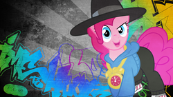 Size: 2560x1440 | Tagged: safe, artist:darkfear-10, pinkie pie, g4, testing testing 1-2-3, female, graffiti, rap, rapper pie, solo, urban, wallpaper