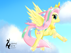 Size: 1000x750 | Tagged: safe, artist:zanclife, fluttershy, alicorn, pegasus, pony, g4, testing testing 1-2-3, celestia costume, celestia's crown, crown, fake horn, female, flying, jewelry, mare, peytral, regalia, shylestia, solo