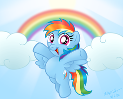 Size: 1024x825 | Tagged: safe, artist:aleximusprime, rainbow dash, g4, chubby, cloud, cloudy, cute, dashabetes, female, filly, filly rainbow dash, flying, looking at you, open mouth, rainbow, smiling, solo, spread wings