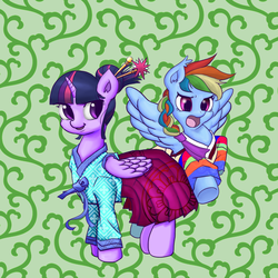 Size: 1252x1252 | Tagged: safe, artist:tunairs, rainbow dash, twilight sparkle, alicorn, pony, g4, female, hanbok, korean, mare, twilight sparkle (alicorn)