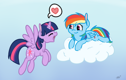 Size: 1100x700 | Tagged: safe, artist:vividvulpine, rainbow dash, twilight sparkle, alicorn, pony, g4, cloud, cute, female, heart, lesbian, mare, ship:twidash, shipping, twilight sparkle (alicorn)