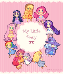 Size: 730x860 | Tagged: safe, artist:dav-19, apple bloom, applejack, derpy hooves, fluttershy, pinkie pie, rainbow dash, rarity, scootaloo, sweetie belle, trixie, twilight sparkle, human, g4, chibi, clothes, cute, cutie mark crusaders, dress, horn, horned humanization, humanized, mane six, title drop, winged humanization