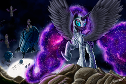 Size: 2000x1333 | Tagged: safe, artist:sa1ntmax, echo (g4), nightmare moon, nocturn, bat pony, pony, g4, :o, airship, armor, echo and nocturn, flying, looking at you, night guard, raised hoof, space, spread wings, zeppelin