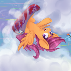 Size: 2000x2000 | Tagged: safe, artist:chiweee, rainbow dash, scootaloo, g4, cloud, cloudboarding, cloudy, high res, snowboard, underhoof