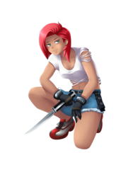 Size: 922x1229 | Tagged: safe, artist:yatonokami, babs seed, human, g4, clothes, commission, denim shorts, female, humanized, knife, older, shorts, simple background, sneakers, solo, transparent background