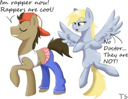 Size: 881x684 | Tagged: safe, artist:tsupirka, derpy hooves, doctor whooves, time turner, pegasus, pony, g4, testing testing 1-2-3, dialogue, female, mare, rapper, scene parody, speech bubble