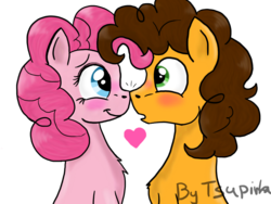 Size: 1200x900 | Tagged: safe, artist:tsupirka, cheese sandwich, pinkie pie, :o, blushing, boop, cheesepie, chest fluff, cute, eye contact, female, heart, male, noseboop, open mouth, shipping, smiling, straight