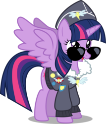 Size: 5792x6781 | Tagged: safe, artist:thisismyphotoshoppin, commander easy glider, twilight sparkle, alicorn, pony, g4, testing testing 1-2-3, .ai available, absurd resolution, ancient wonderbolts uniform, clothes, female, hat, jacket, mare, outfit, simple background, solo, sunglasses, transparent background, twilight sparkle (alicorn), uniform, vector