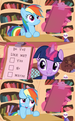 Size: 767x1240 | Tagged: safe, edit, edited screencap, screencap, rainbow dash, twilight sparkle, alicorn, pony, g4, testing testing 1-2-3, blushing, clipboard, comic, female, lesbian, mare, ship:twidash, shipping, twilight sparkle (alicorn)