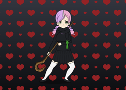 Size: 800x568 | Tagged: safe, artist:turbotowns, sweetie belle, human, g4, black sclera, clothes, female, heart, heart background, horn, horned humanization, humanized, kisekae, patterned background, socks, solo, thigh highs, thigh socks