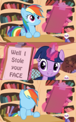 Size: 767x1240 | Tagged: safe, edit, edited screencap, screencap, rainbow dash, twilight sparkle, alicorn, pony, g4, testing testing 1-2-3, asdfmovie, clipboard, female, mare, no face, twilight sparkle (alicorn)