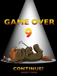 Size: 760x1000 | Tagged: safe, artist:kill joy, button mash, earth pony, pony, g4, background pony, colt, eyes closed, fanfic art, fanfic cover, flower, funny, game over, hooves in air, hooves to the chest, lying down, male, on back, playing dead, spotlight, tongue out