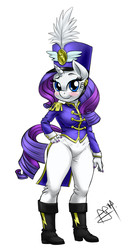 Size: 700x1287 | Tagged: safe, artist:pia-sama, rarity, unicorn, anthro, g4, testing testing 1-2-3, ancient wonderbolts uniform, blushing, boots, clothes, female, hat, looking at you, nail polish, sgt. rarity, shako, shoes, smiling, solo, tight clothing, uniform