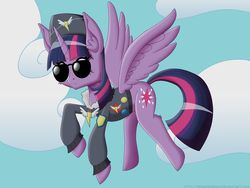 Size: 1000x750 | Tagged: safe, artist:deusexequus, commander easy glider, twilight sparkle, alicorn, pony, g4, testing testing 1-2-3, ancient wonderbolts uniform, clothes, costume, female, mare, solo, sunglasses, twilight sparkle (alicorn)