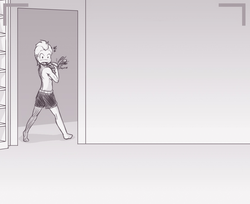 Size: 1110x905 | Tagged: safe, artist:scorpdk, edit, spike, human, g4, blushing, exploitable, hallway, humanized, male, monochrome, open mouth, solo, surprised, template, wide eyes