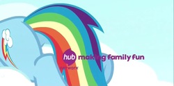 Size: 999x497 | Tagged: safe, screencap, rainbow dash, pegasus, pony, g4, testing testing 1-2-3, butt, close-up, cloud, female, hub logo, making family fun, mare, plot, rainbutt dash, solo