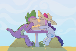 Size: 1264x850 | Tagged: safe, artist:carnifex, rarity, spike, dragon, pony, unicorn, g4, cover, covering, cute, date, duo, female, hat, hay, implied kissing, interspecies, kissing, male, older, older spike, ship:sparity, shipping, silhouette, sitting, straight, table