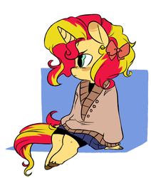 Size: 910x1072 | Tagged: dead source, safe, artist:techtechno, sunset shimmer, unicorn, anthro, unguligrade anthro, g4, clothes, female, solo, sweater