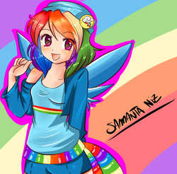 Size: 1000x985 | Tagged: safe, artist:keitenstudio, rainbow dash, human, g4, belt, button, clothes, female, hat, humanized, jacket, solo, tank top, winged humanization