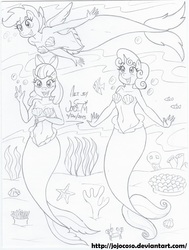 Size: 1975x2607 | Tagged: safe, artist:jojocoso, apple bloom, scootaloo, sweetie belle, mermaid, merpony, anthro, g4, belly button, bubble, female, fish tail, mermaid tail, mermaidized, midriff, monochrome, ocean, open mouth, open smile, seashell, seashell bra, smiling, tail, underwater, water