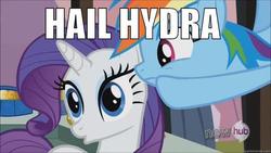 Size: 500x281 | Tagged: safe, edit, edited screencap, screencap, rainbow dash, rarity, g4, captain america, hail hydra, hub logo, image macro, marvel, meme, spoilers for another series, whispering