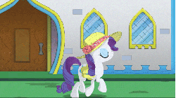 Size: 480x270 | Tagged: safe, artist:hydrusbeta, rarity, pegasus, pony, g4, animated, canterlot, clothes, eyes closed, female, hat, mare, smiling, solo, trotting