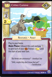 Size: 698x1019 | Tagged: safe, edit, edited screencap, enterplay, screencap, amethyst star, sparkler, twinkleshine, ferret, g4, my little pony collectible card game, premiere, winter wrap up, card, carrot, ccg, food