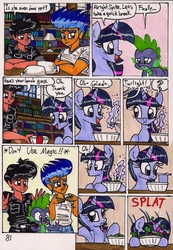 Size: 1376x1983 | Tagged: safe, artist:newyorkx3, flash sentry, spike, twilight sparkle, oc, oc:tommy, alicorn, human, pony, comic:twilight and the big city, g4, comic, female, majestic as fuck, mare, non-mlp oc, salad, self insert, table manners, traditional art, twilight sparkle (alicorn)