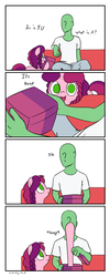 Size: 442x1110 | Tagged: safe, artist:furseiseki, oc, oc only, oc:anon, oc:marker pony, human, boop, comic, couch, not a dick in a box, present