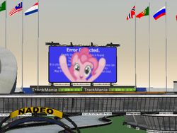Size: 640x480 | Tagged: safe, pinkie pie, g4, billboard, blue screen of death, error message, fourth wall, fourth wall pose, game mod, nadeo, screenshots, trackmania