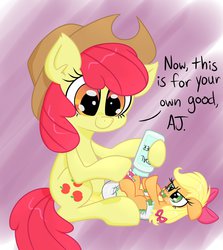 Size: 1143x1280 | Tagged: safe, artist:skitter, apple bloom, applejack, pony, g4, accessory swap, age regression, baby, baby pony, diaper, diaper change, foal, foal powder, open diaper, pacifier, role reversal, swapped cutie marks