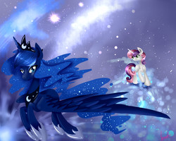 Size: 2000x1600 | Tagged: safe, artist:moeru789, princess luna, sweetie belle, g4, duo, flying, full body, looking at each other, looking at someone, looking back, raised hoof, spread wings, wings