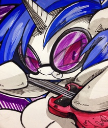 Size: 1732x2044 | Tagged: safe, artist:mosamosa_n, dj pon-3, vinyl scratch, g4, female, guitar, pixiv, solo