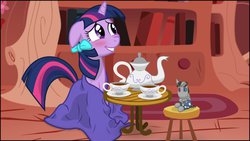 Size: 1191x670 | Tagged: safe, artist:eagle1division, smarty pants, twilight sparkle, pony, unicorn, g4, adorkable, blanket, blushing, bow, cute, dork, embarrassed, female, floppy ears, grin, mare, sitting, smiling, solo, tea, tea party, teacup, teapot, twiabetes, unicorn twilight