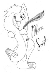 Size: 775x1030 | Tagged: safe, artist:php64, oc, oc only, earth pony, pony, monochrome, parchment, script, solo, traditional art