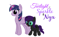 Size: 1322x838 | Tagged: safe, artist:moonshine24, twilight sparkle, oc, oc:nyx, alicorn, pony, g4, alicorn oc, blank flank, duo