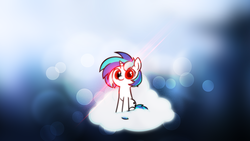 Size: 1920x1080 | Tagged: safe, artist:forgotten5p1rit, artist:mythilas, artist:valcron, edit, dj pon-3, vinyl scratch, pony, unicorn, g4, abstract background, cloud, cute, face of mercy, female, filly, glowing eyes, hooves, horn, lens flare, looking at you, mare, missing accessory, on a cloud, red eyes, sitting, smiling, solo, vector, vinylbetes, wallpaper, wallpaper edit