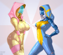 Size: 2227x1959 | Tagged: safe, artist:skyart301, fluttershy, human, quarian, g4, bodysuit, breast squeeze, breasts, busty fluttershy, cosplay, female, hands together, helmet, humanized, latex, mass effect, reference, tight clothing, wonderbolts, wonderbolts uniform