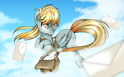 Size: 1920x1200 | Tagged: safe, artist:the0ne-u-lost, derpy hooves, pegasus, pony, g4, bag, cloud, cloudy, featured image, female, letter, mailbag, mailmare, mare, messy mane, prone, solo