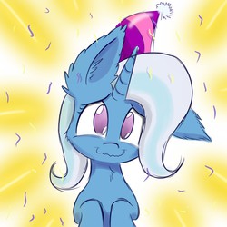Size: 1000x1000 | Tagged: safe, artist:heir-of-rick, trixie, pony, unicorn, g4, abstract background, catchlights, confetti, crying, cute, diatrixes, ear fluff, female, fluffy, happy, hat, impossibly large ears, looking at you, no pupils, party hat, smiling, solo, tears of joy, wavy mouth