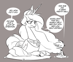 Size: 500x426 | Tagged: safe, artist:herny, princess celestia, oc, g4, dialogue, grayscale, monochrome, speech bubble