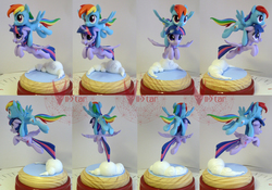 Size: 2248x1572 | Tagged: safe, artist:viistar, rainbow dash, twilight sparkle, alicorn, pony, g4, cloud, duo, female, figurine, flying, happy, lesbian, mare, open mouth, sculpture, ship:twidash, shipping, smiling, spread wings, turnaround, twilight sparkle (alicorn), wings